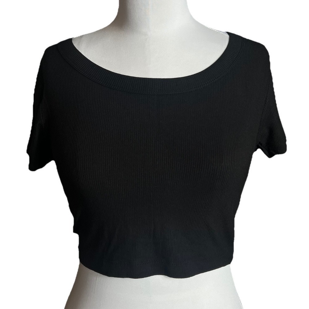 Zenana Womens Ribbed Scoop Neck Crop Top Black Short Sleeve RRT-8492A5 Large